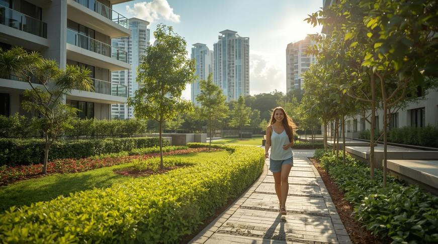 Resident walking through sunny landscaped condo grounds near Singapore transit station.