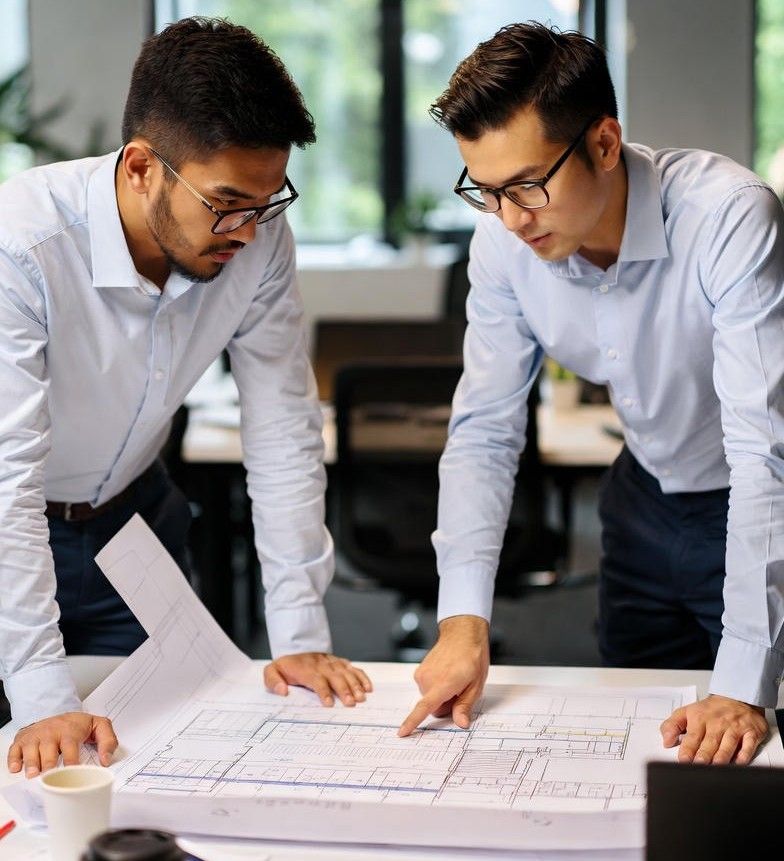 finance professionals reviewing project blueprints