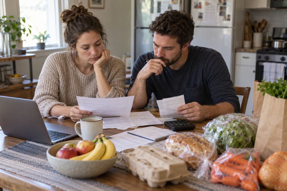 couple reviewing household bills beside groceries